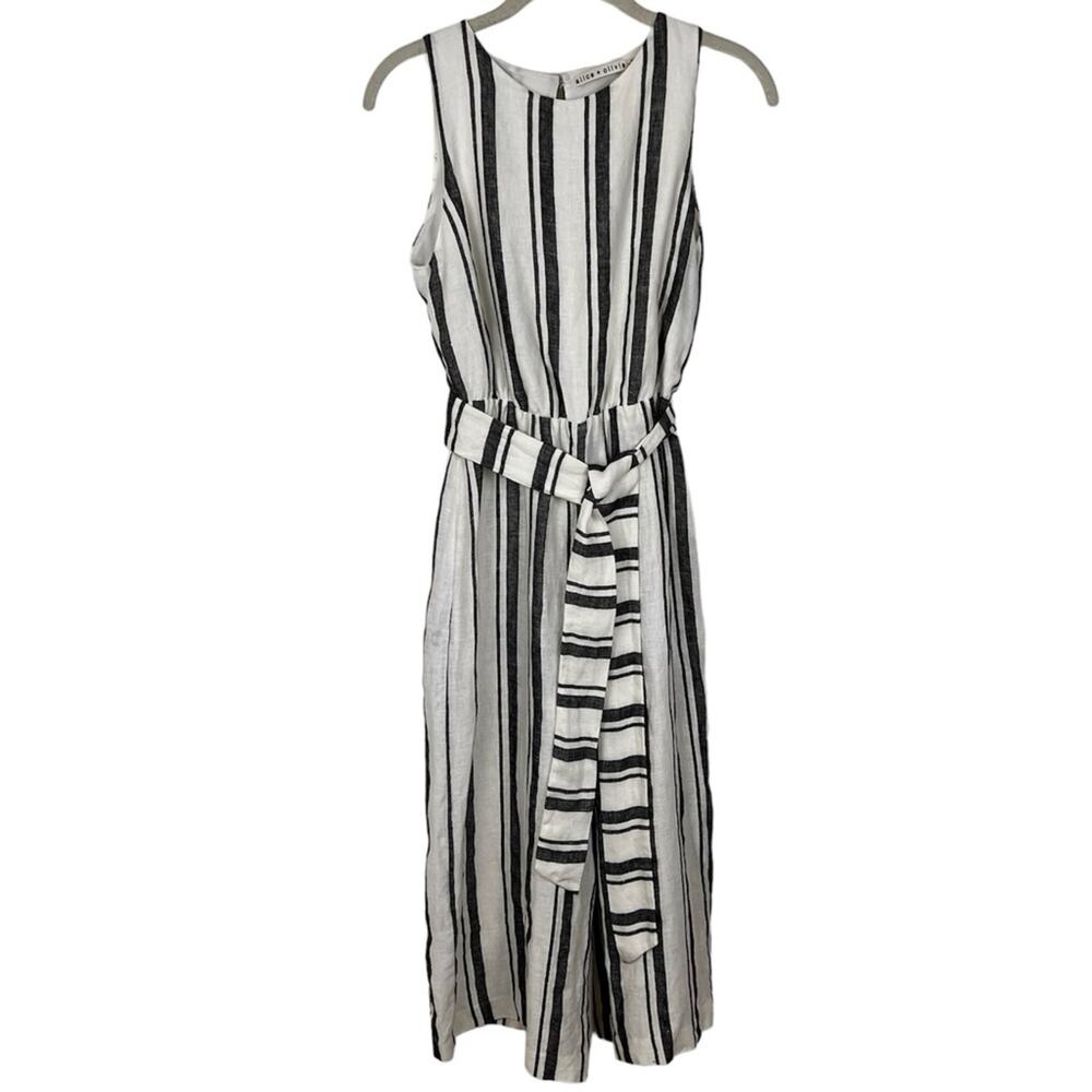 Alice + Olivia Franny Linen Gaucho Striped Jumpsuit 0 XS Belted European Summer - Picture 4 of 9